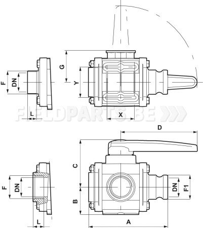 Vanne à bille 3-voies 1"1/2F avec camlock 1"1/2