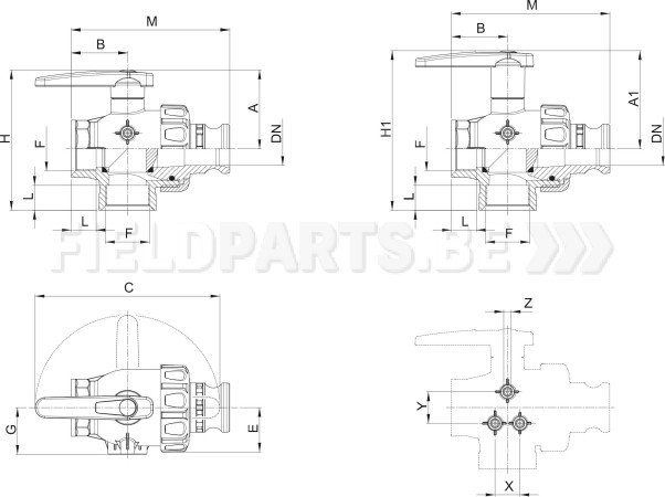 Vanne à bille 3-voies 1/2"F avec camlock 1"1/2 (manche longue)